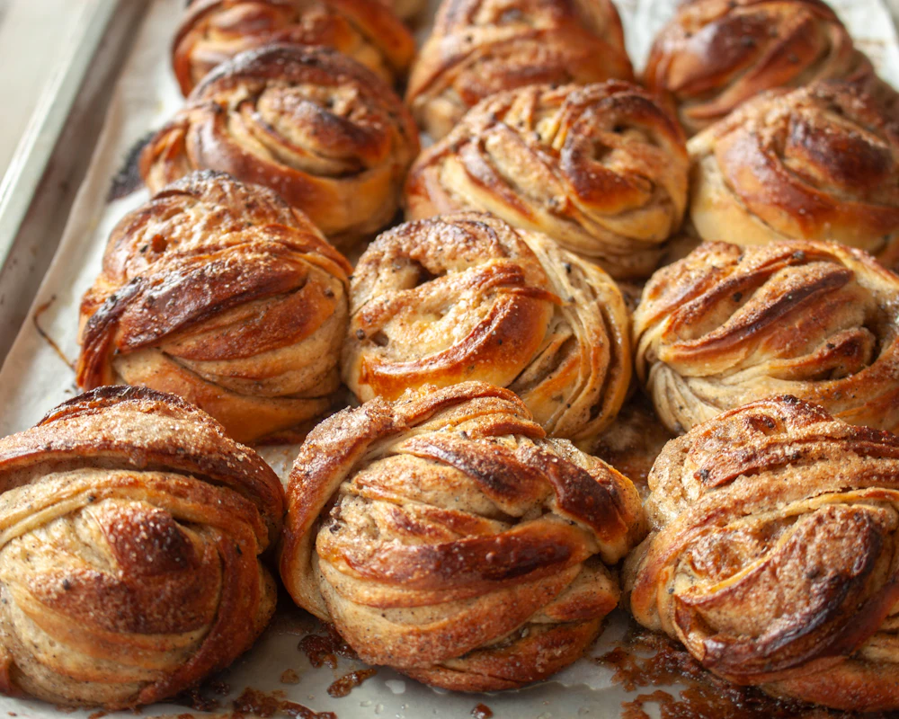 A tray of freshly baked cinnamon buns